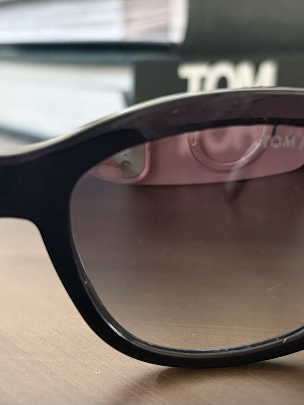 Tom Ford Black Frame Sunglasses with Gradient Gray Lenses. Has a small blemish